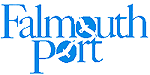FalmouthPort logo, words Falmouth Port with blue solid letter o's with white seagulls in the middle.